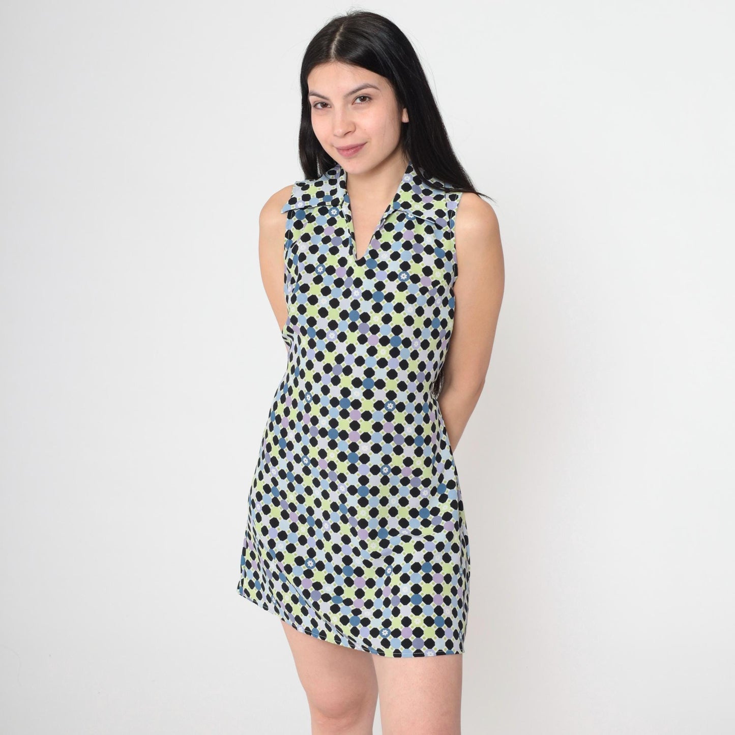 90s Geometric Polka Dot Mini Dress Sleeveless Collared Tie-Back Small S