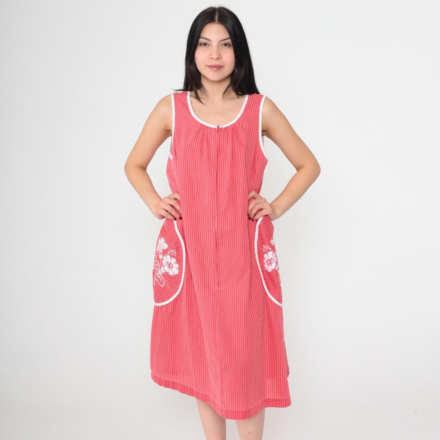 80s Red Striped Midi Dress Floral Embroidered Pockets Sleeveless Scoop Neck Large