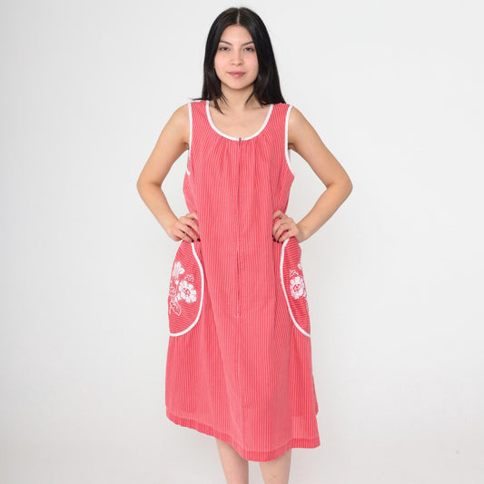 80s Red Striped Midi Dress Floral Embroidered Pockets Sleeveless Scoop Neck Large