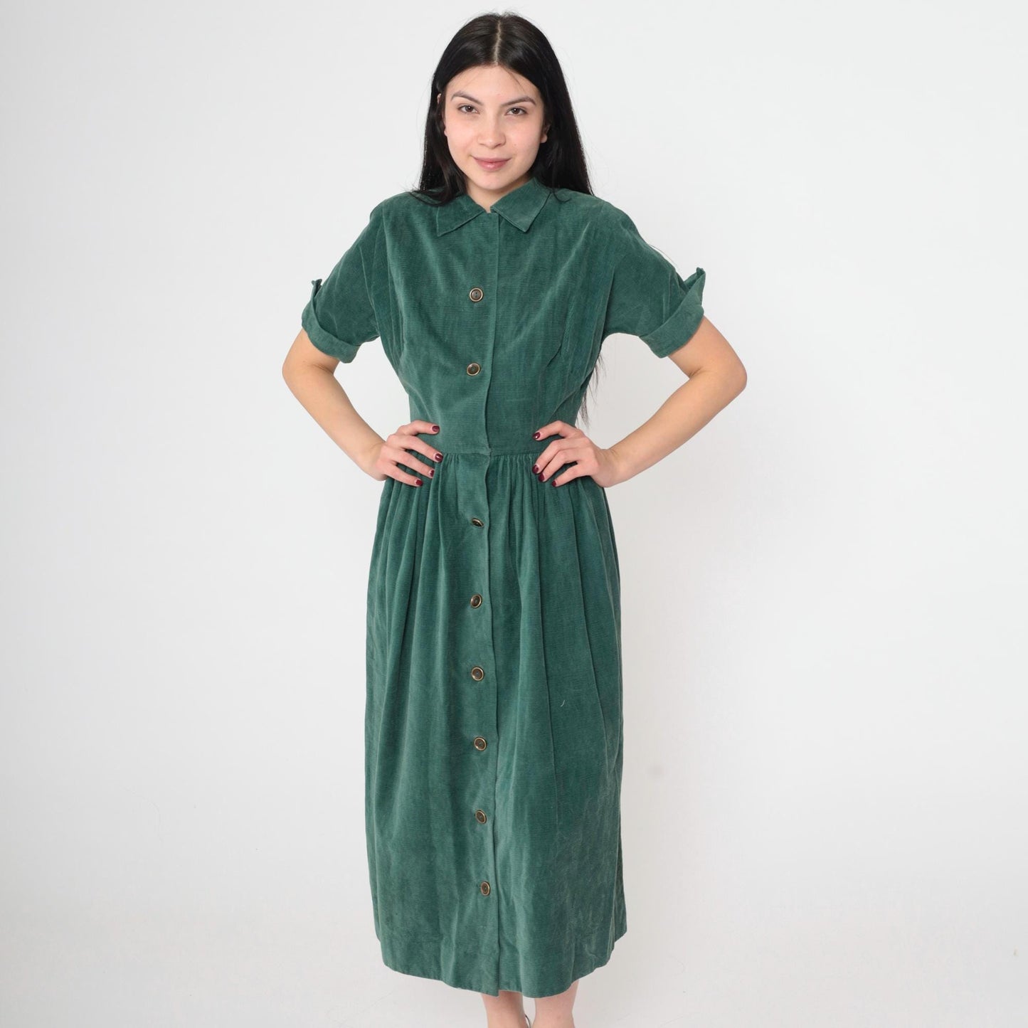 1940s Green Corduroy Button-Up Dress Collared Short Sleeve Gathered Waist Midi Extra Small