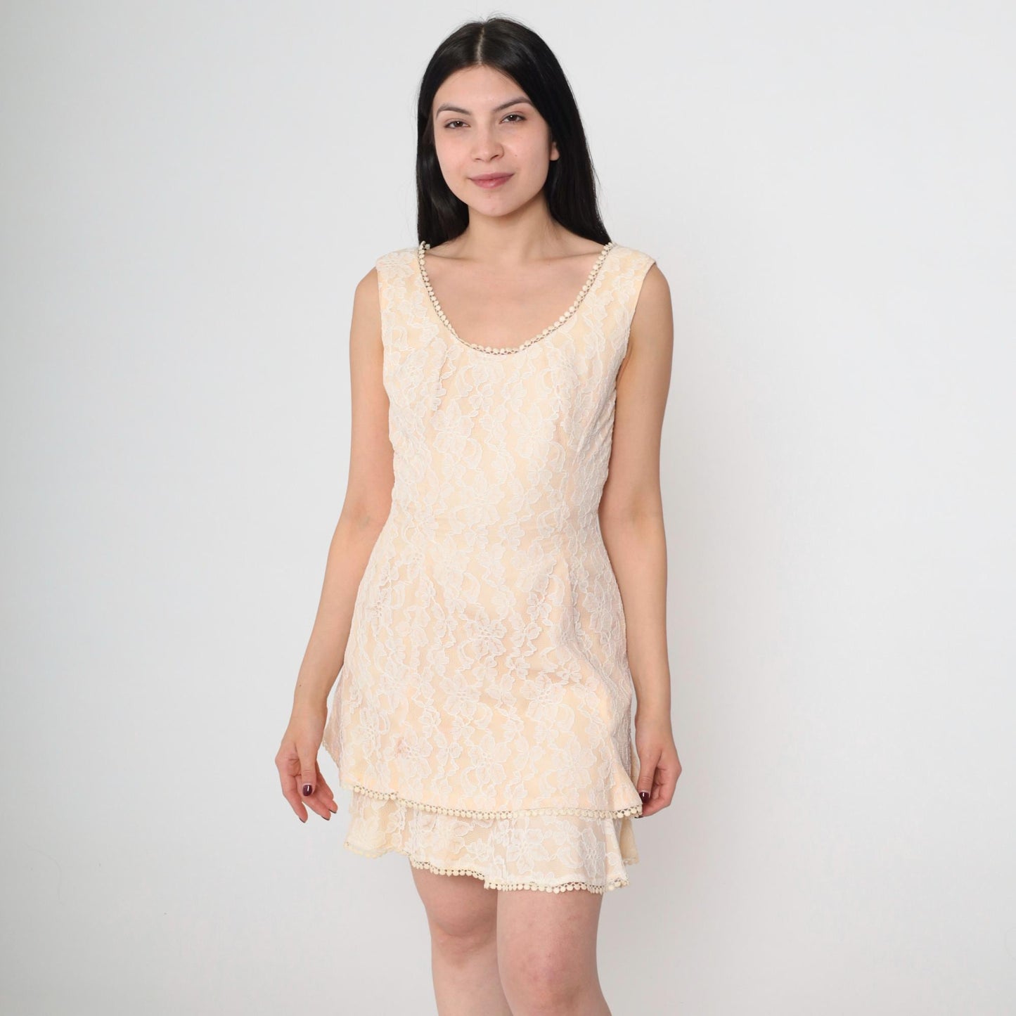 60s Lilli Diamond Cream Lace Shift Dress Sleeveless Mini Scoop Neck Extra Small