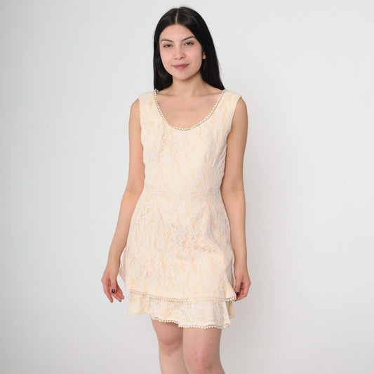 60s Lilli Diamond Cream Lace Shift Dress Sleeveless Mini Scoop Neck Extra Small