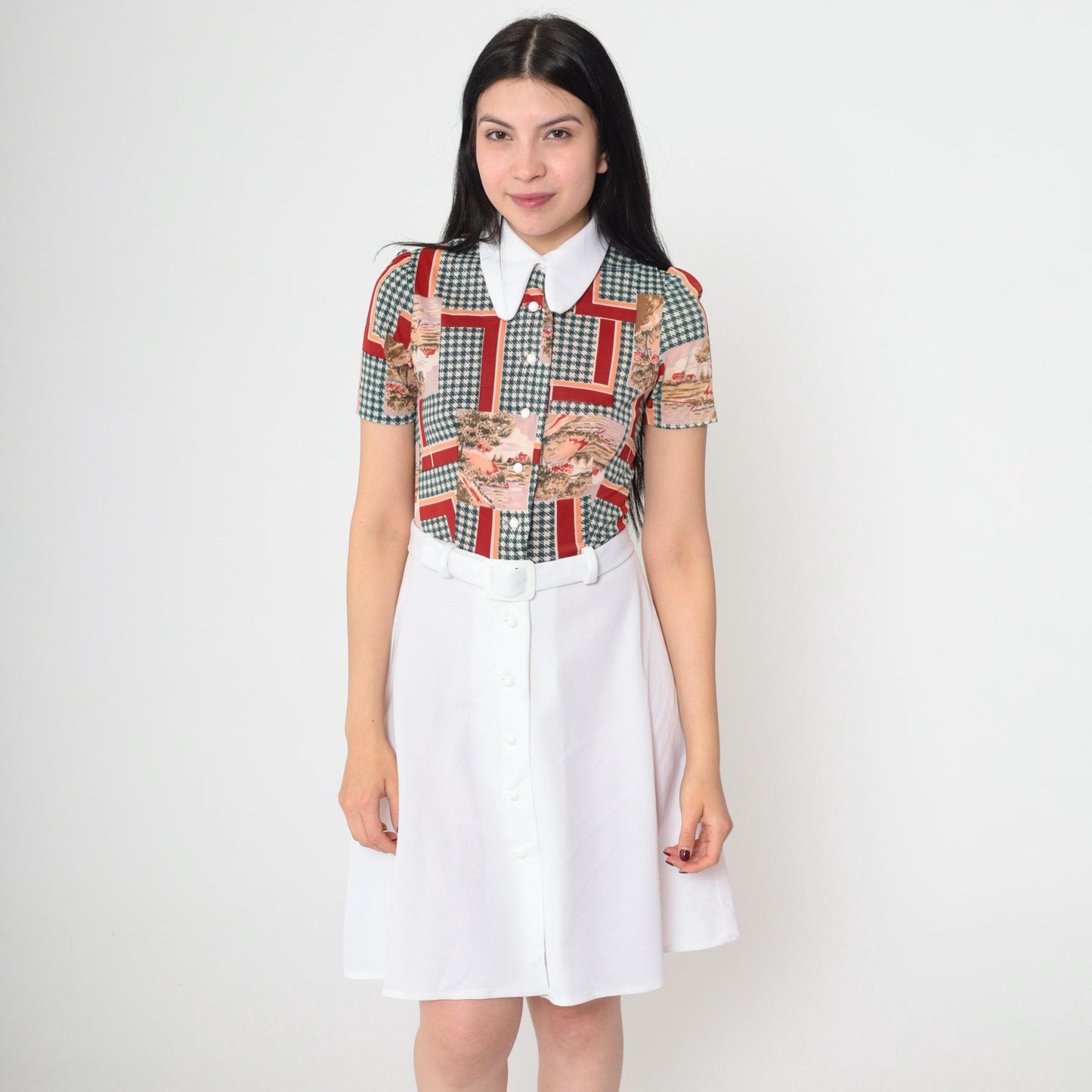 1960s Mod Shirt Dress Pastoral Landscape Print Green Houndstooth Mini XS