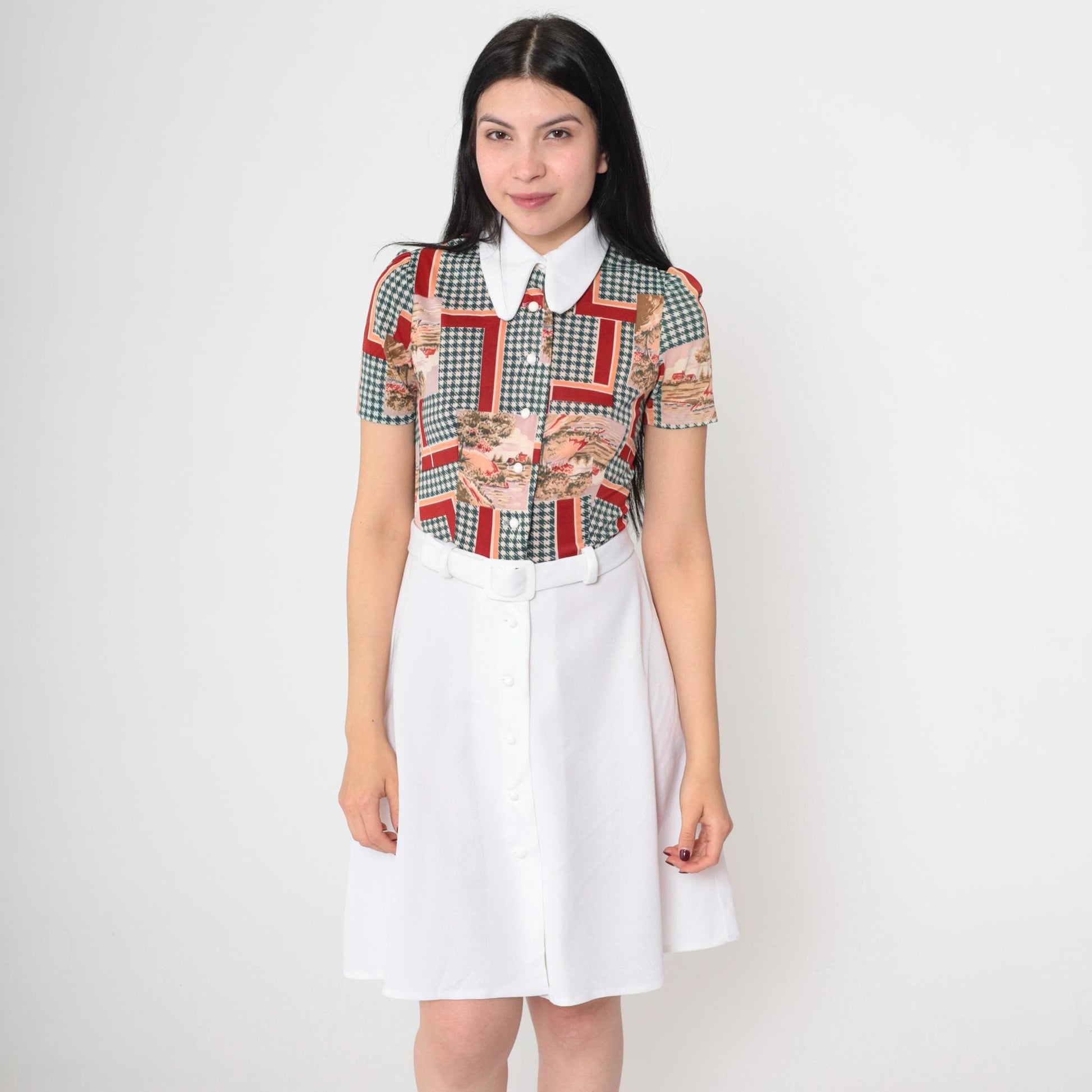 1960s Mod Shirt Dress Pastoral Landscape Print Green Houndstooth Mini XS