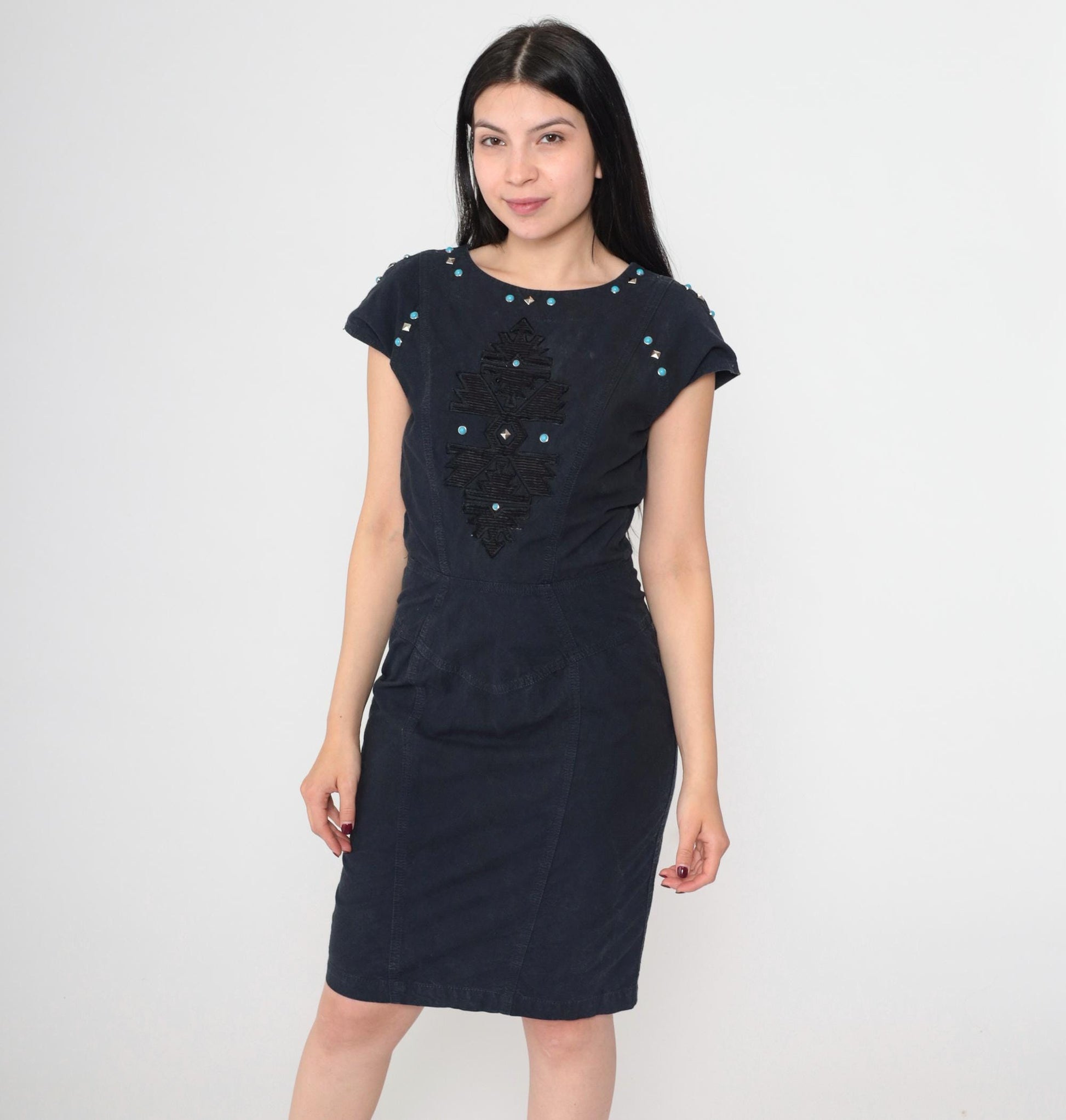 90s Black Southwestern Embroidered Dress Turquoise Studs Cap Sleeve V Back Small