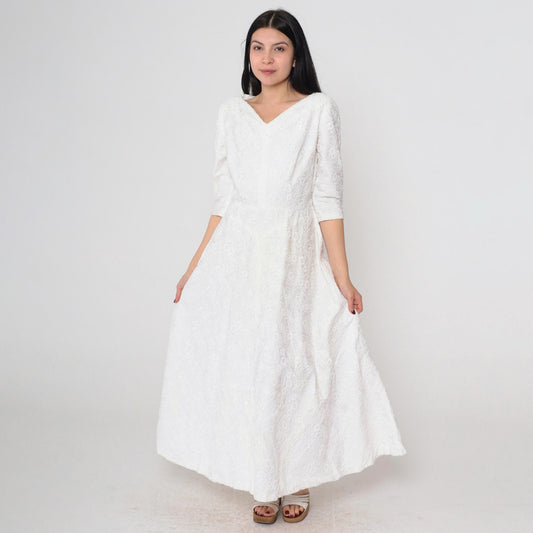 1940s White Floral Embroidered Dress V-Neck 3/4 Sleeve Midi Medium M