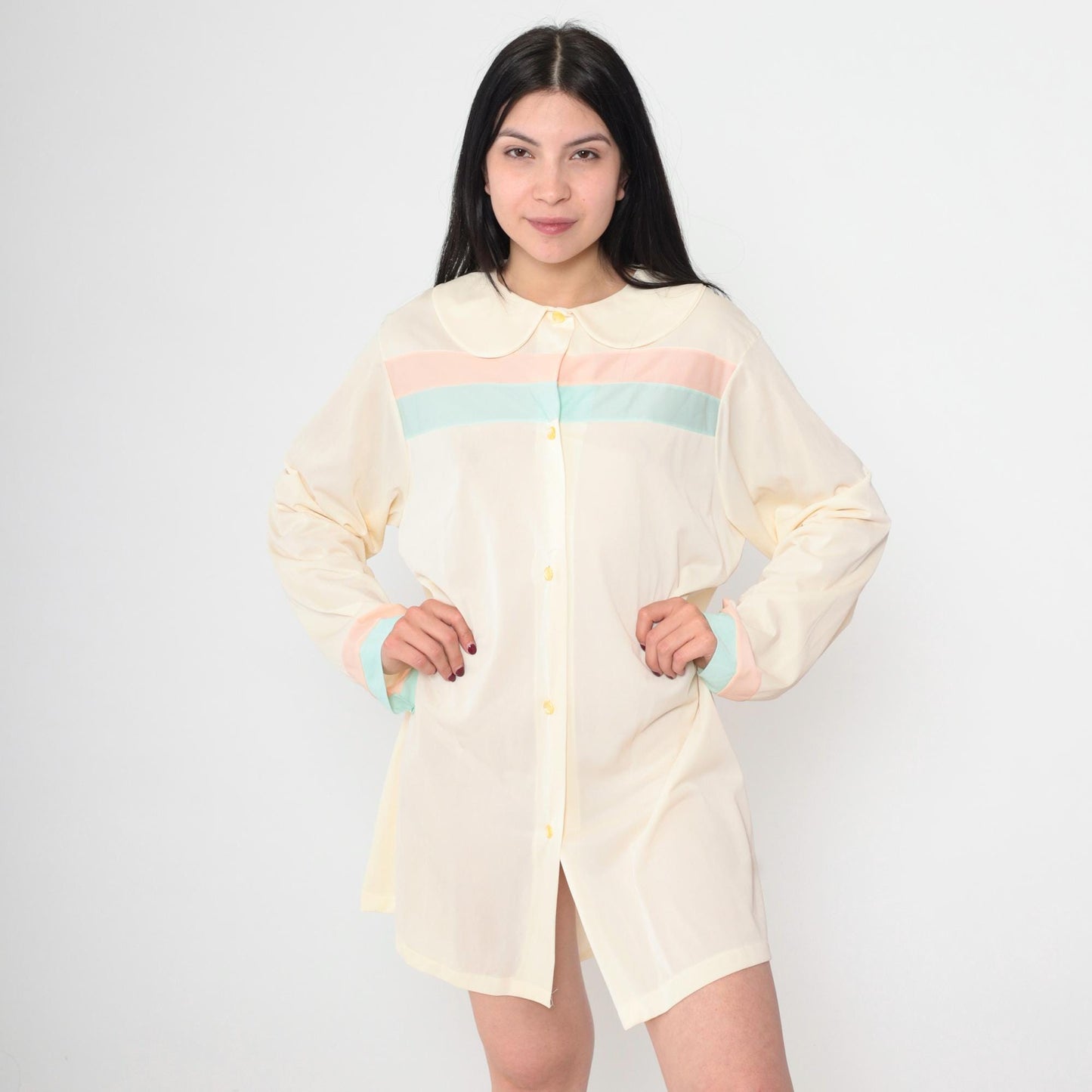 60s Cream Striped Nightgown Peter Pan Collar Mini Shift Nylon Large