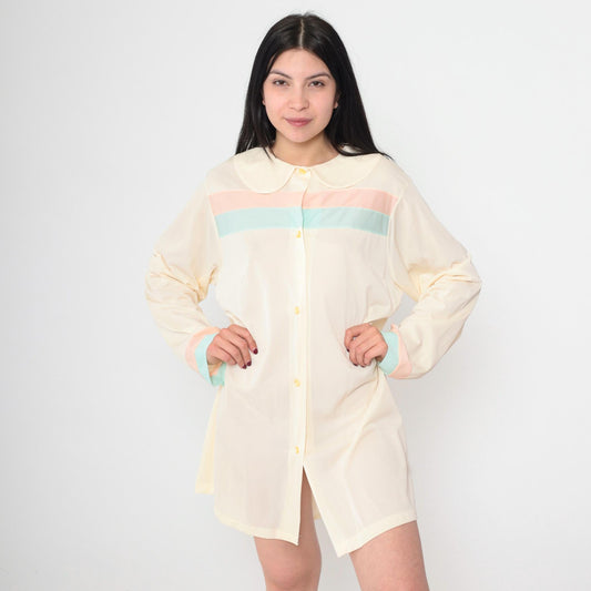 60s Cream Striped Nightgown Peter Pan Collar Mini Shift Nylon Large
