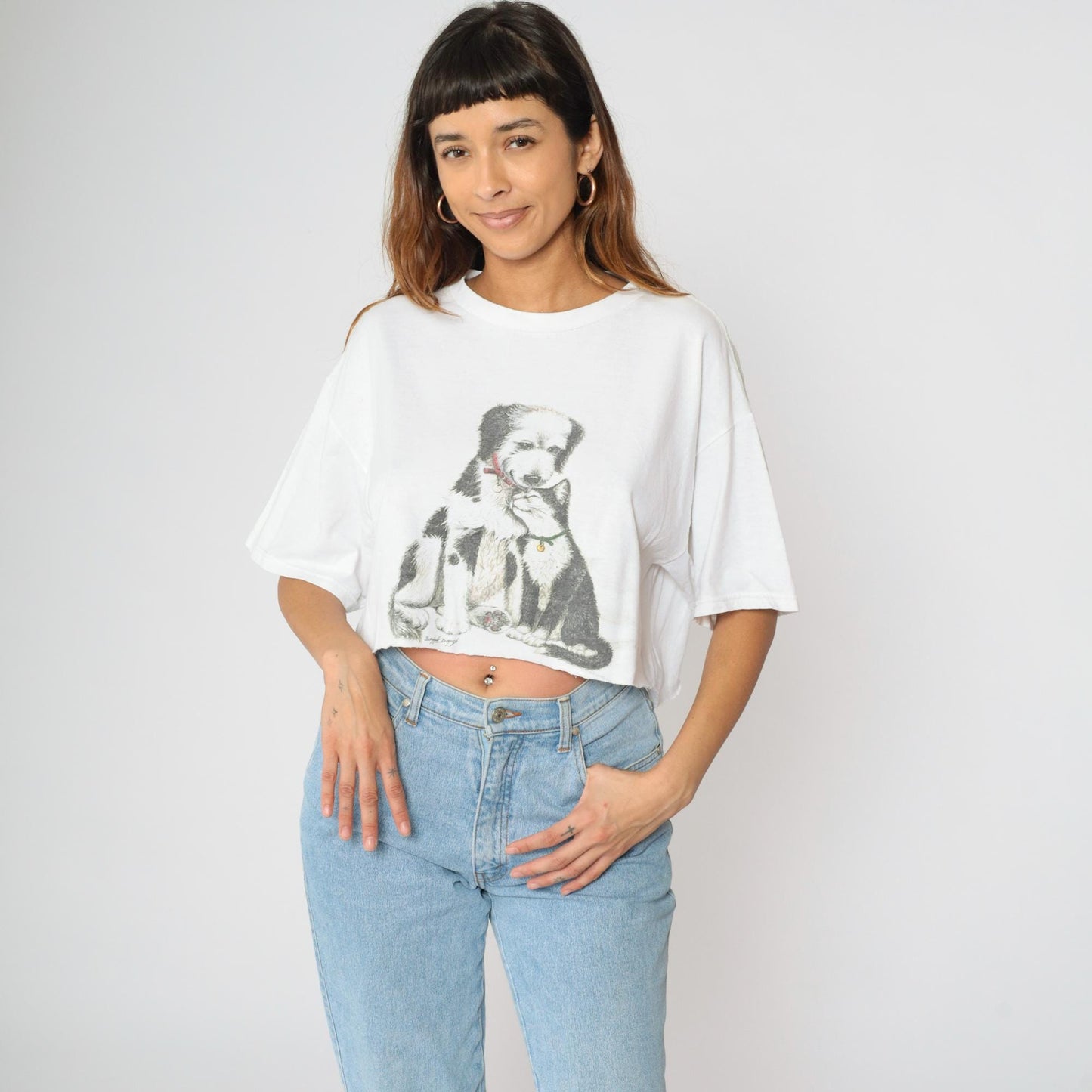 90s Cat & Dog Graphic Crop Top White Cotton T-Shirt Large L