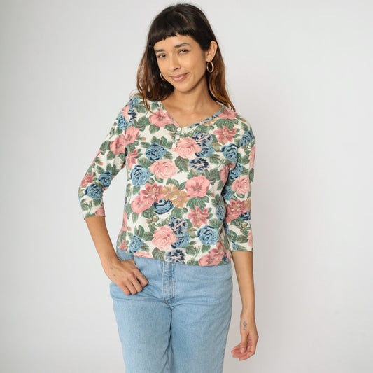 90s Floral Henley Shirt Pastel Print 3/4 Sleeve Button Up Cotton Medium M