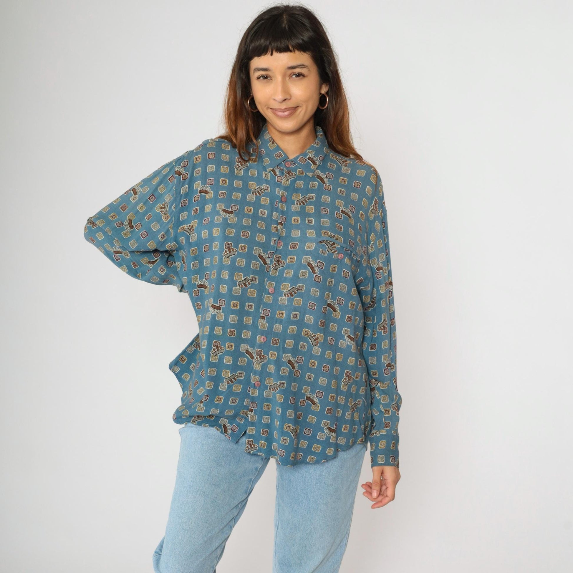 90s Forenza Blue Geometric Crown Print Button Up Shirt Large L