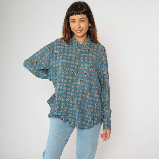 90s Forenza Blue Geometric Crown Print Button Up Shirt Large L