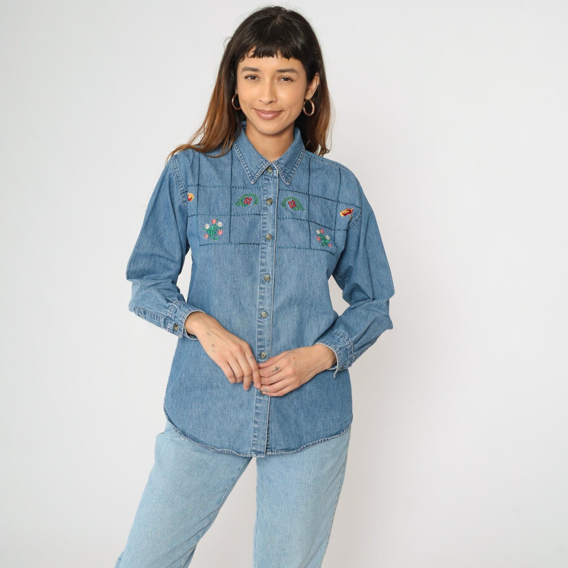 90s River Blues Floral Embroidered Denim Button-Up Shirt Blue Medium M