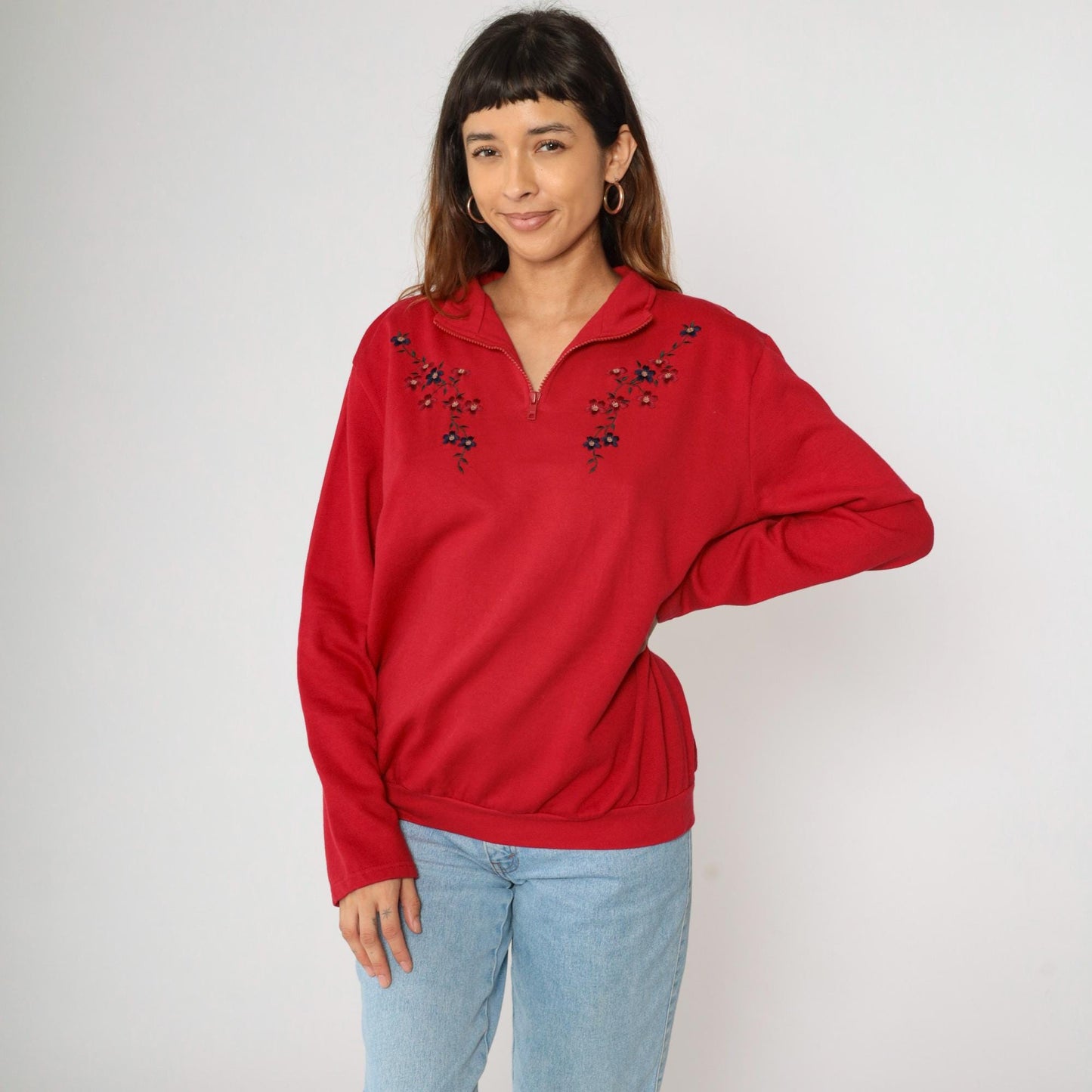 90s Karen Scott Red Floral Embroidered Quarter Zip Sweatshirt Extra Large XXL
