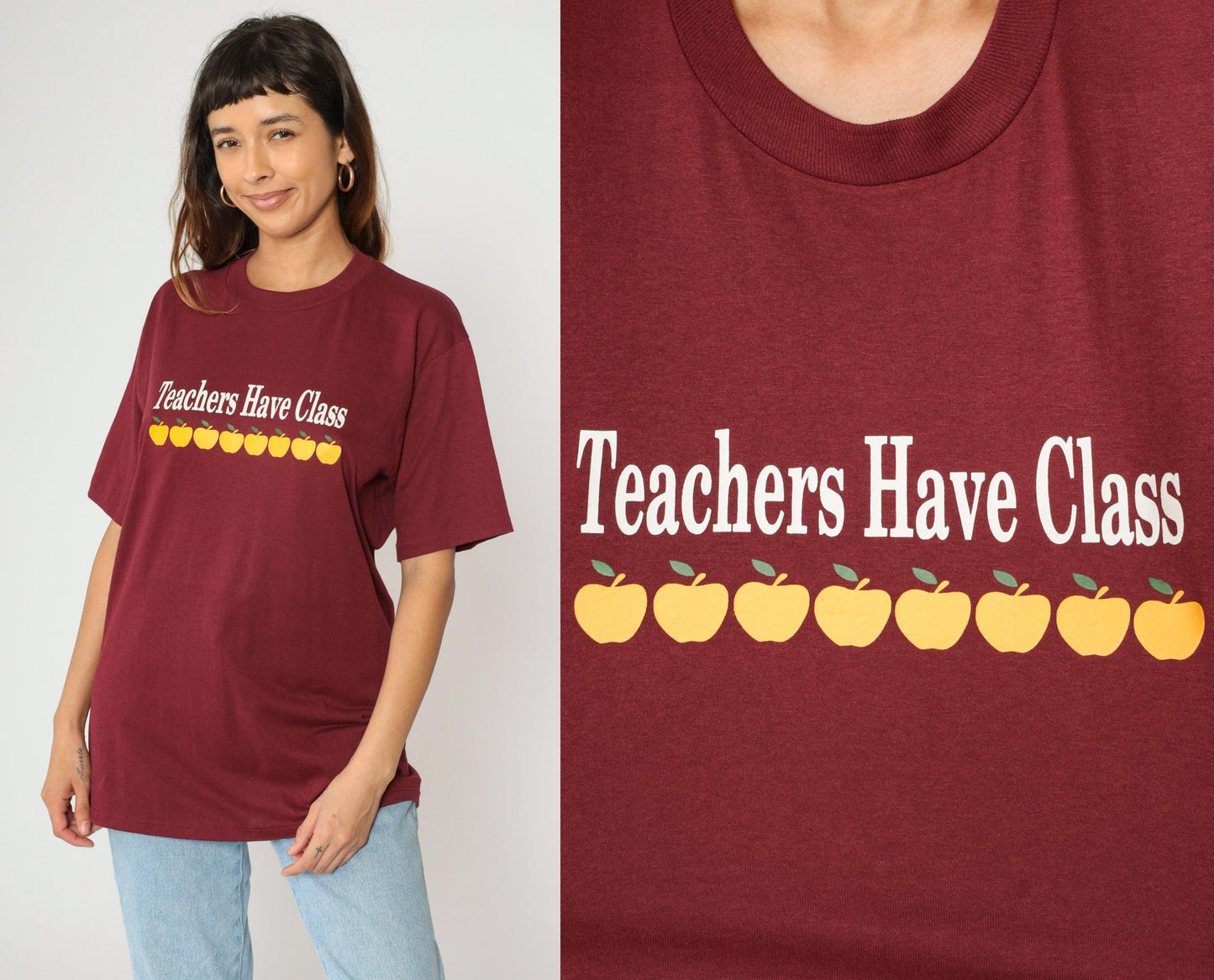 90s Jerzees Teachers Have Class Apple Graphic Tee Burgundy Large