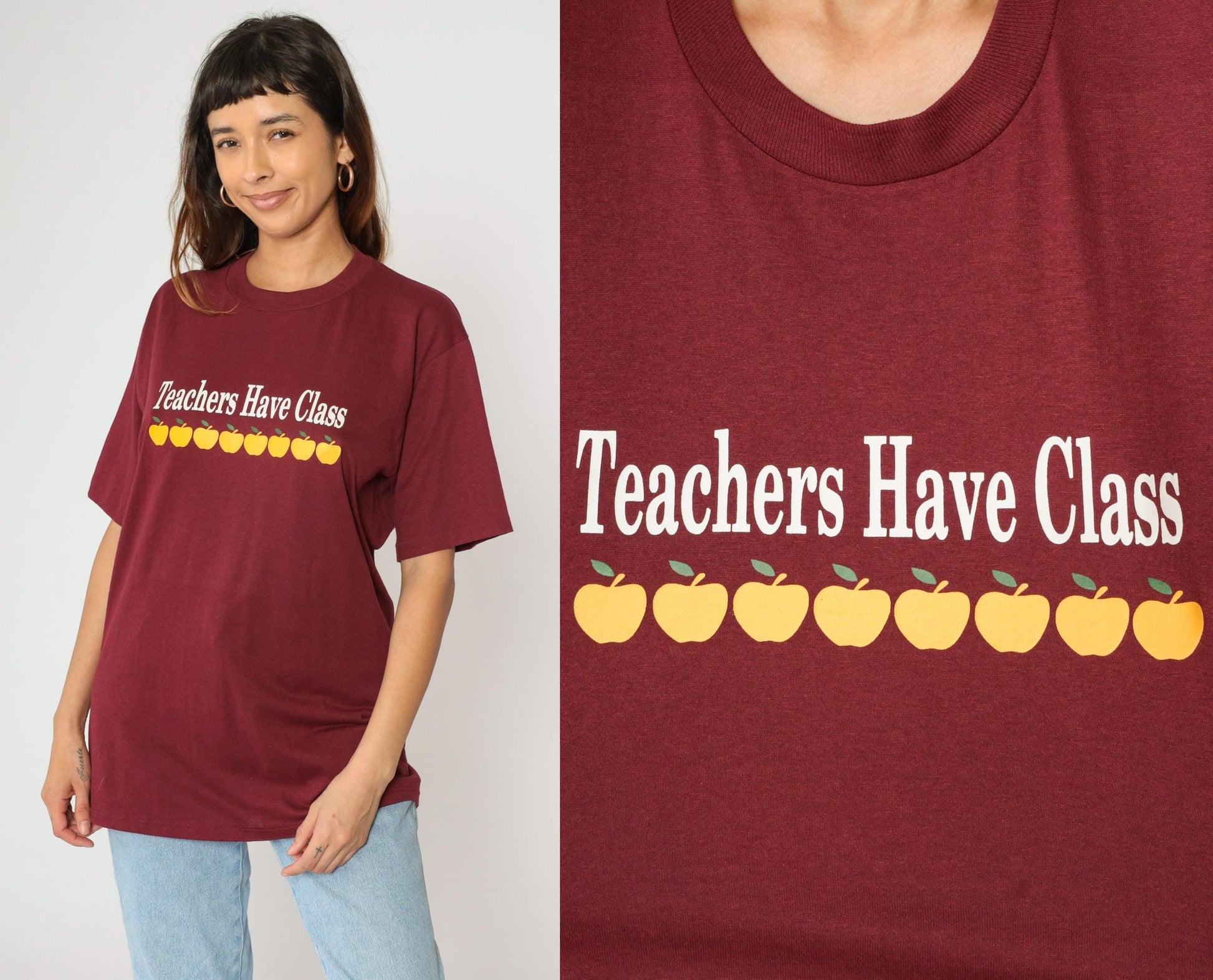 90s Jerzees Teachers Have Class Apple Graphic Tee Burgundy Large