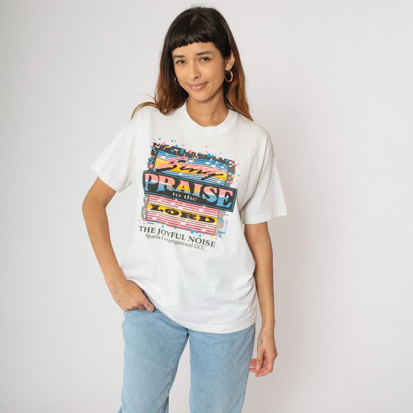 90s Praise the Lord Sparta Congregational UCC Graphic T-Shirt White Large L