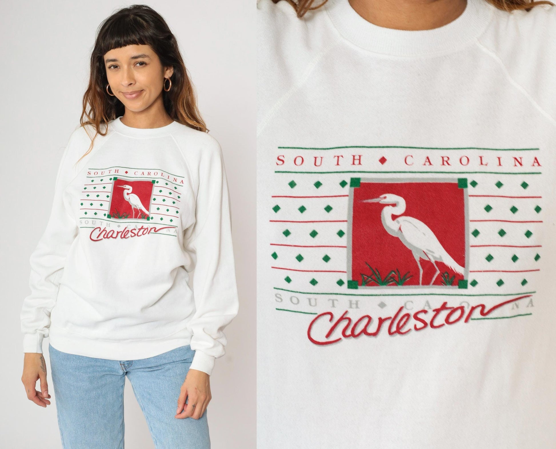 90s Charleston South Carolina Egret Graphic Sweatshirt White Raglan Medium