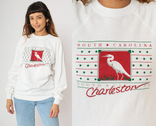 90s Charleston South Carolina Egret Graphic Sweatshirt White Raglan Medium
