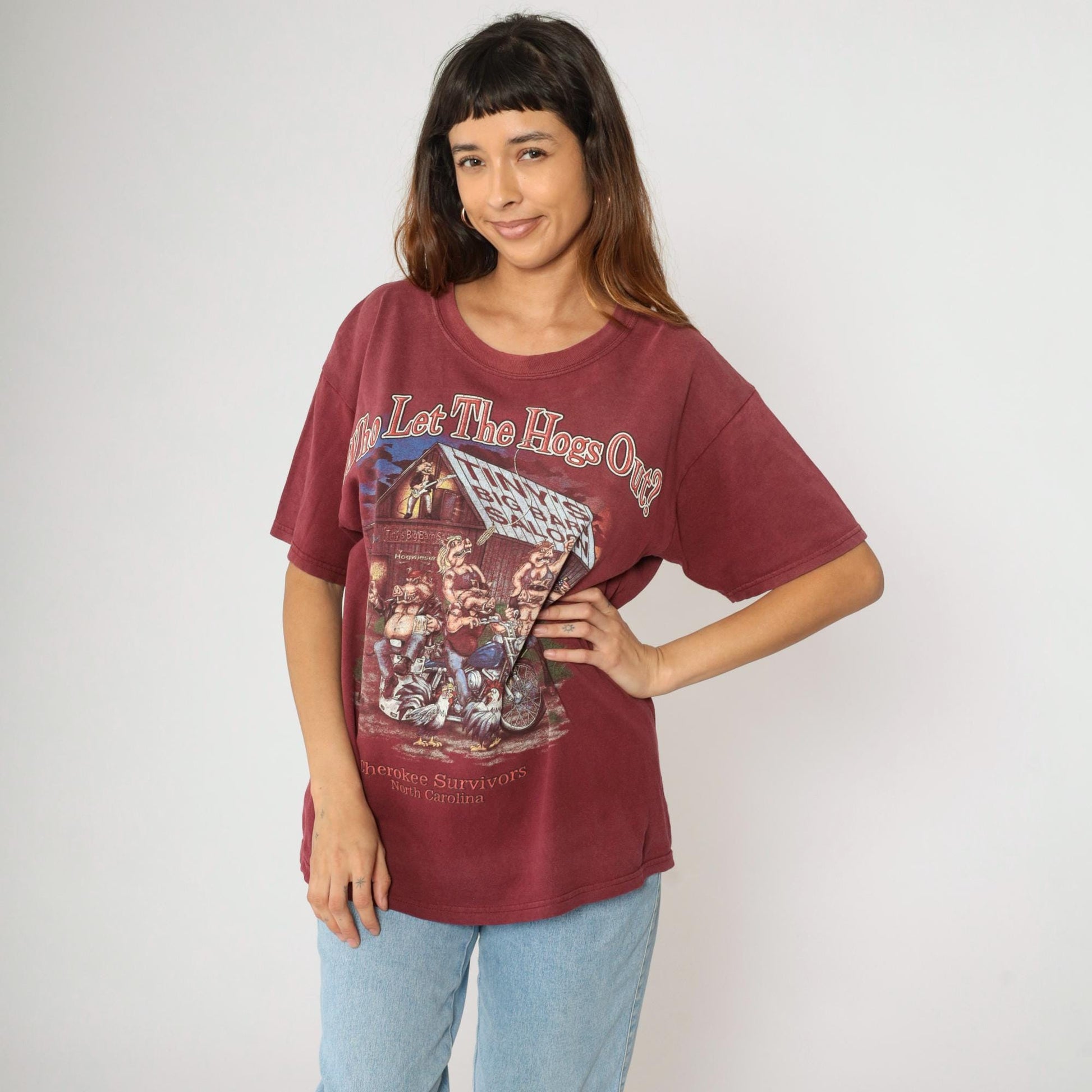 2000s Cherokee Survivors Rally Biker Graphic T-Shirt Maroon Pig Motorcycle Large
