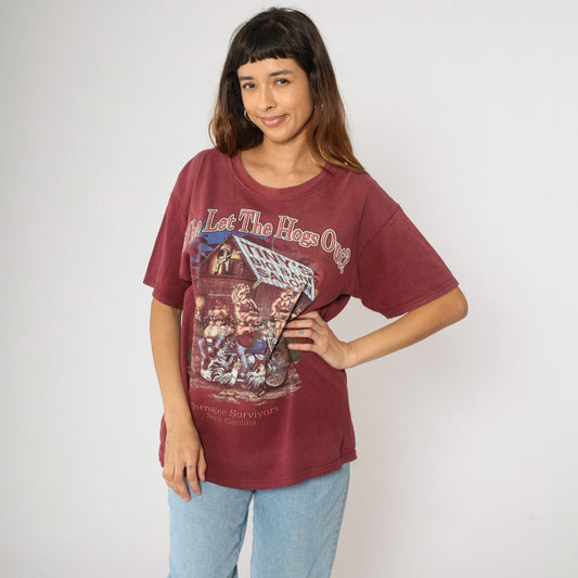 2000s Cherokee Survivors Rally Biker Graphic T-Shirt Maroon Pig Motorcycle Large