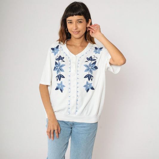 80s Alfred Dunner White Floral Embroidered Pearl Beaded Button Up Blouse Large