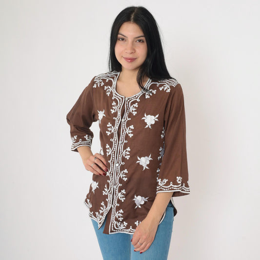 90s Brown Floral Embroidered Button-Up Blouse 3/4 Sleeve Small S