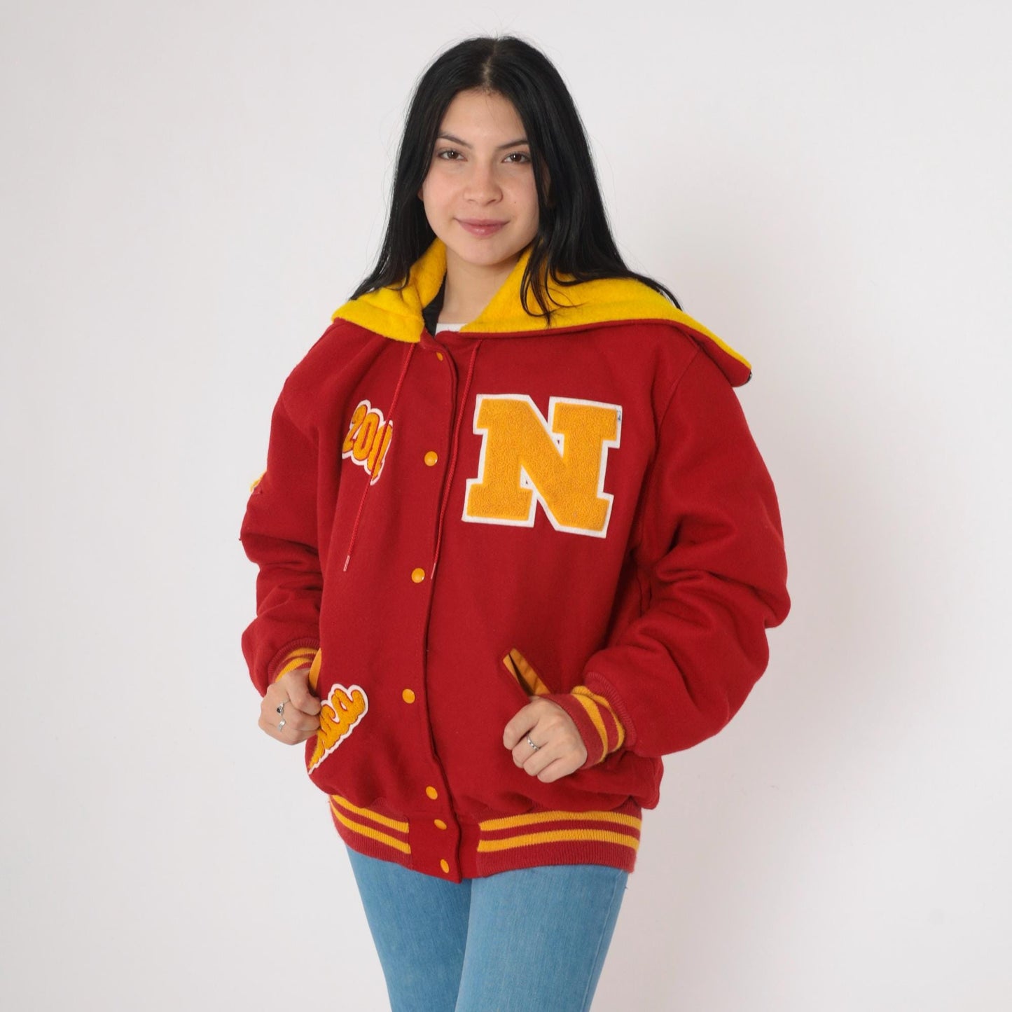 Y2K Letterman Jacket Red Gold Wool Blend Hooded Varsity Coat Large L