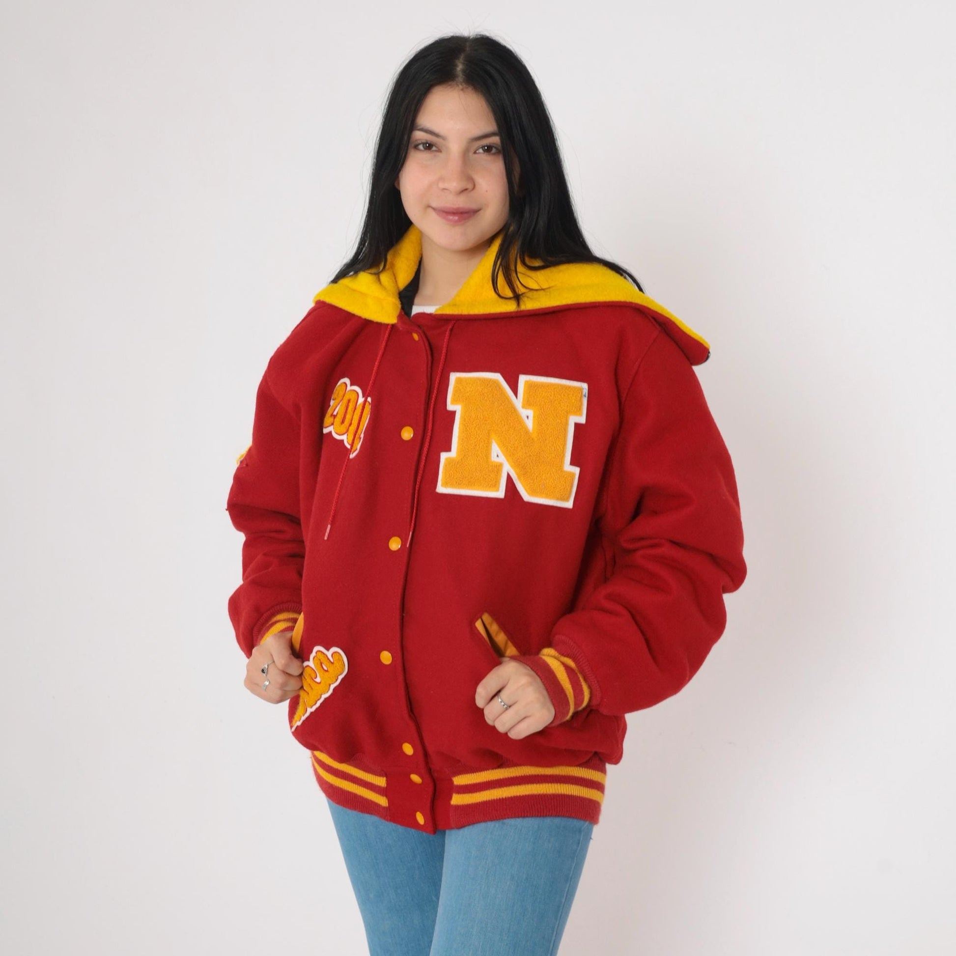 Y2K Letterman Jacket Red Gold Wool Blend Hooded Varsity Coat Large L