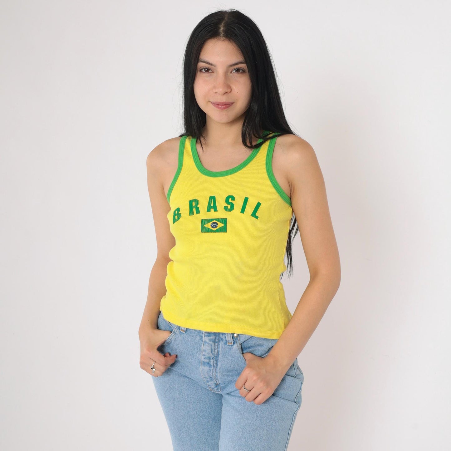 00s Brasil Tank Top Yellow Ringer Graphic Cotton Fitted Small S