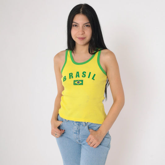 00s Brasil Tank Top Yellow Ringer Graphic Cotton Fitted Small S