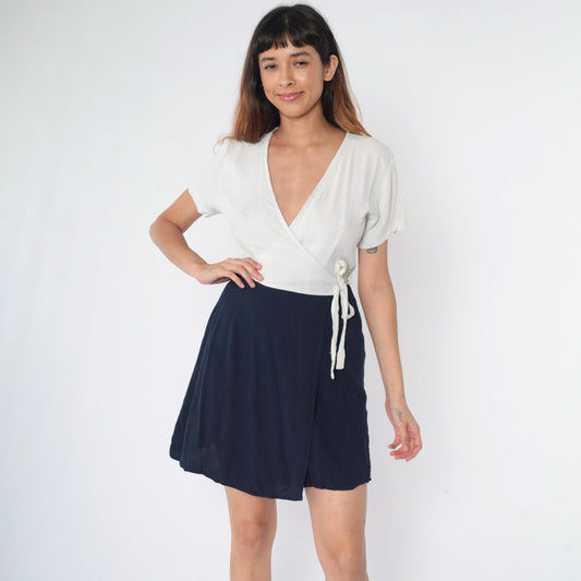 90s Sostanza Gingham Wrap Dress White Navy Mini Short Sleeve Small