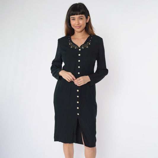 90s Black Beaded Sheath Dress Gold Studs Long Sleeve Button Front Midi Medium