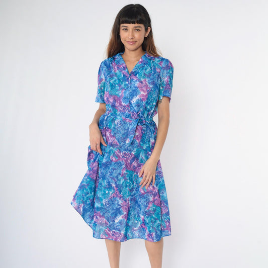 80s Abstract Floral Midi Dress Blue Purple Puff Sleeve Button Up High Waisted Small Medium