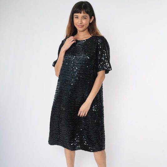 80s Black Sequin Midi Dress Short Sleeve Round Neck Shift Large L