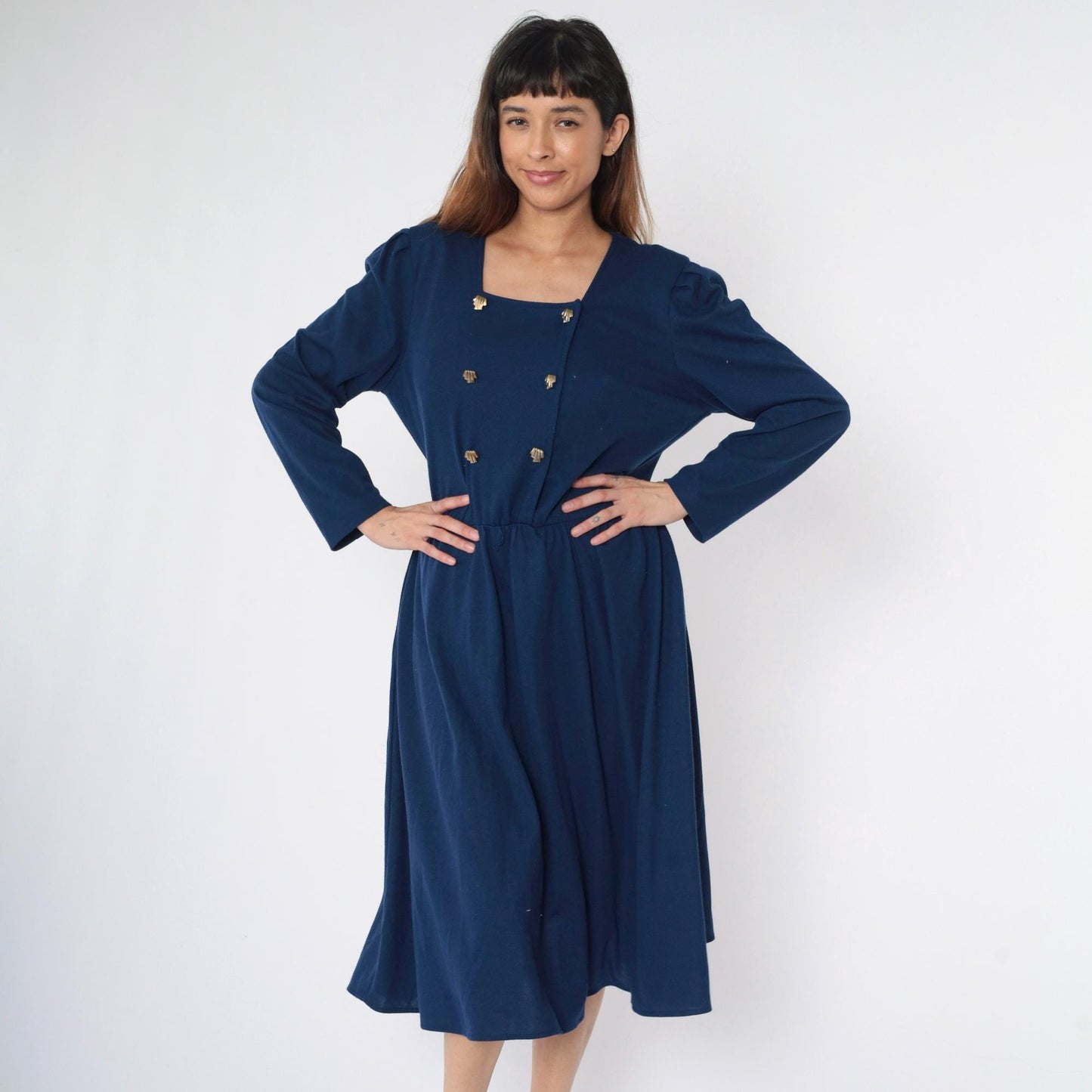 80s Tabby of California Navy Double Breasted Midi Shirtdress Puff Sleeve Medium Large