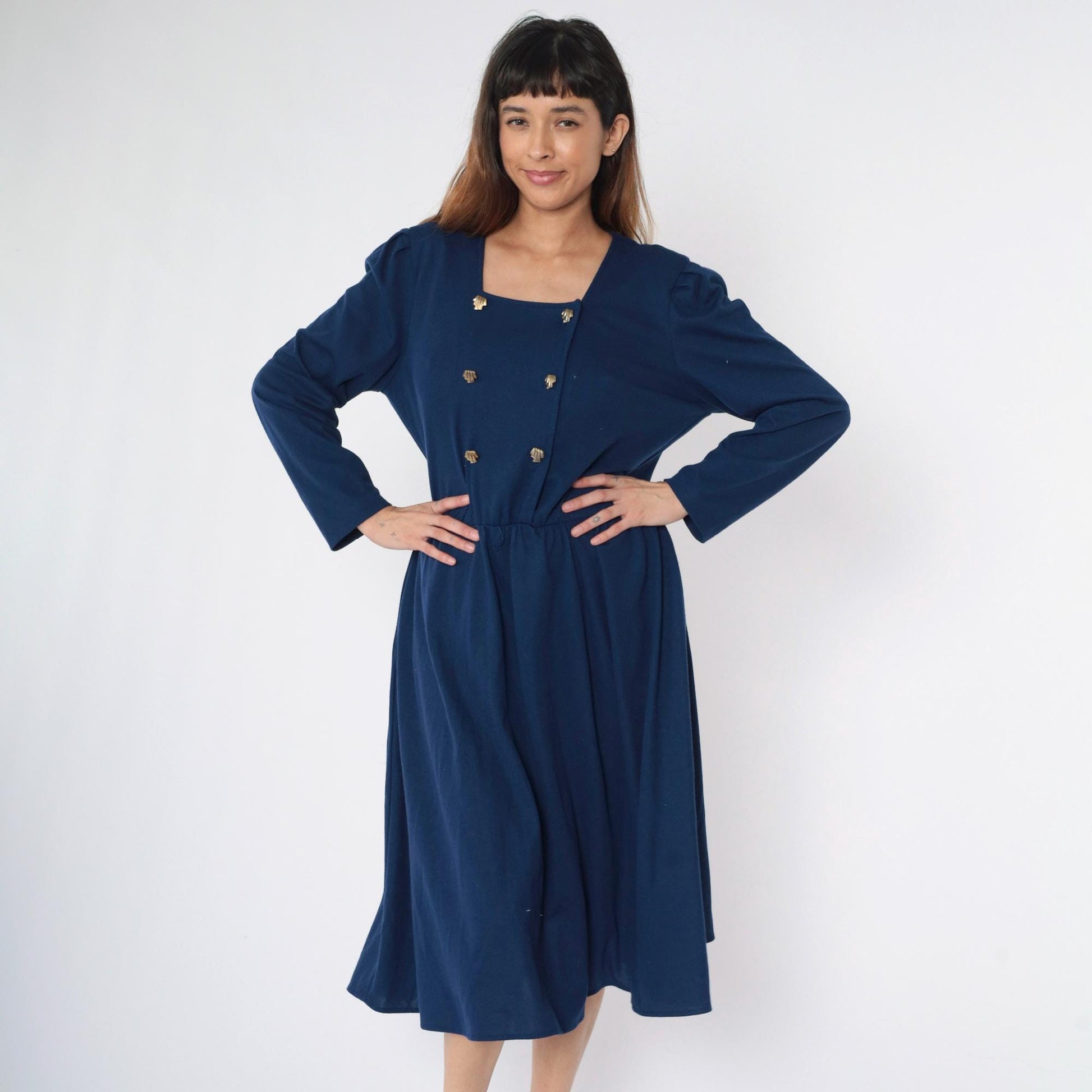 80s Tabby of California Navy Double Breasted Midi Shirtdress Puff Sleeve Medium Large