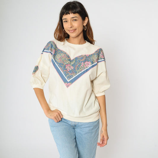 90s Cream Paisley Floral Blouse Short Sleeve Banded Hem Large L