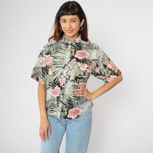 90s Tropical Floral Button Up Blouse Short Sleeve Black Grey Red Large
