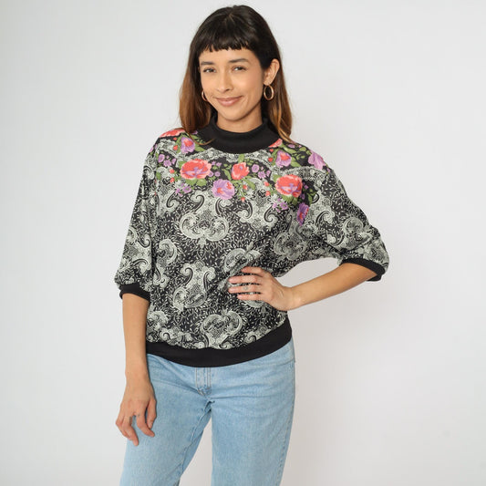80s Black Floral Paisley Blouse Mock Neck 3/4 Sleeve Large L