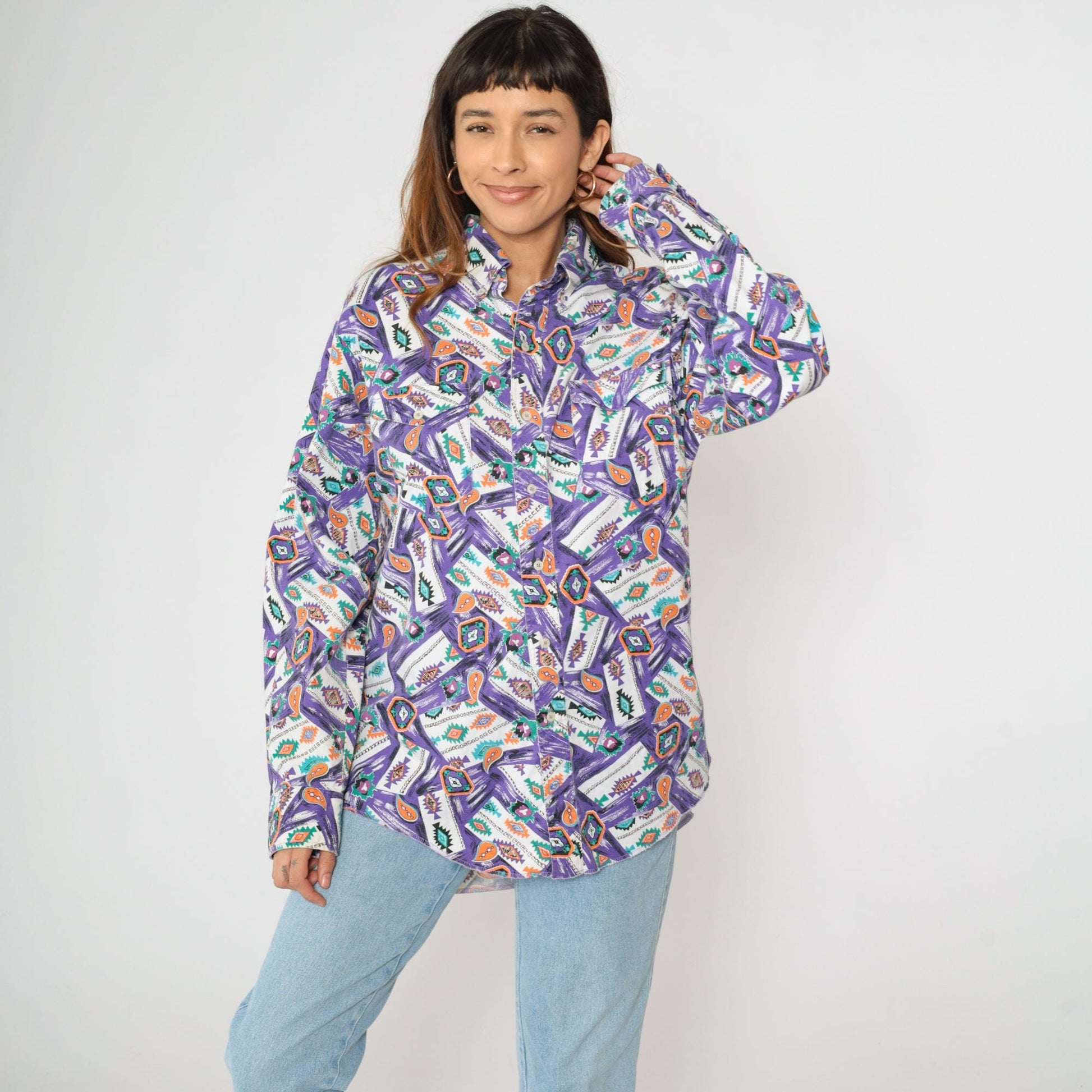 90s Wrangler Southwest Paisley Button Up Shirt Purple Men's X-Long