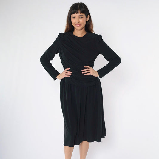 80s Saks Fifth Avenue Black Midi Dress Puff Sleeve Draped Ruched Medium