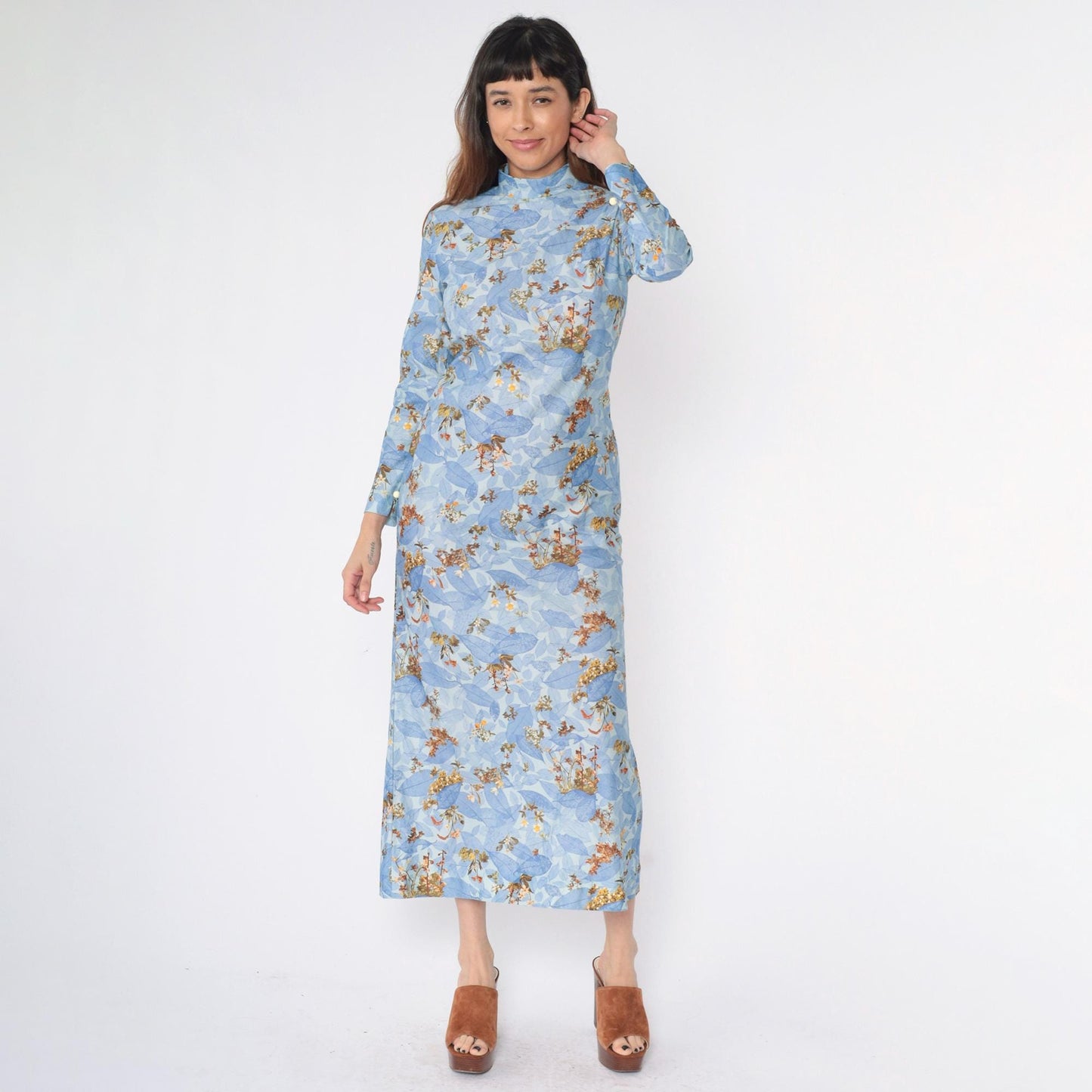 70s Blue Floral Maxi Dress Mock Neck Long Sleeve Small