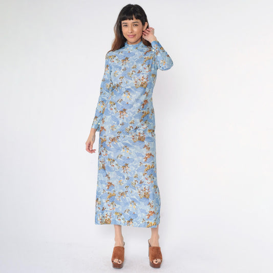 70s Blue Floral Maxi Dress Mock Neck Long Sleeve Small