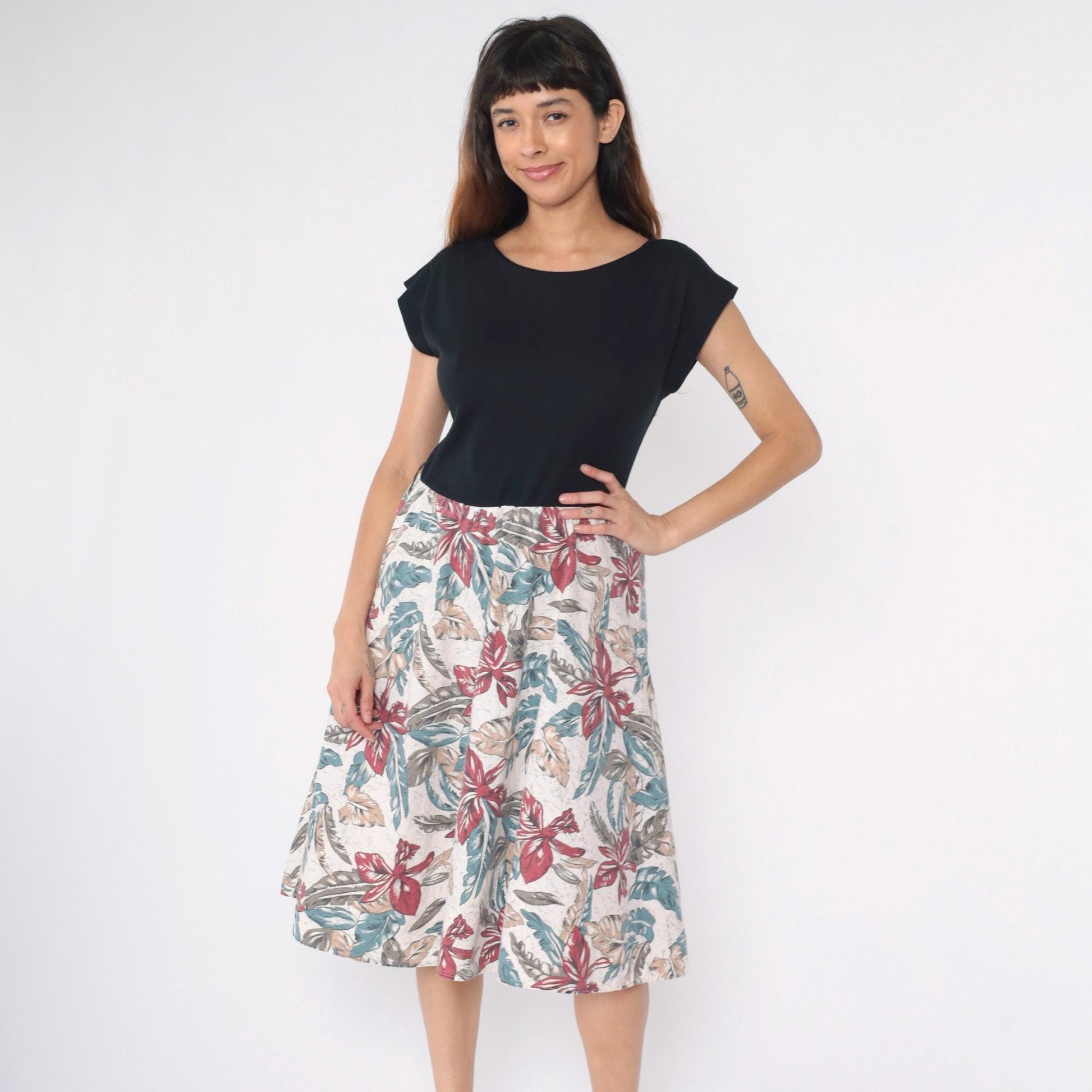 80s Tropical Floral Midi Dress Black Bodice Cap Sleeve V-Back Medium M