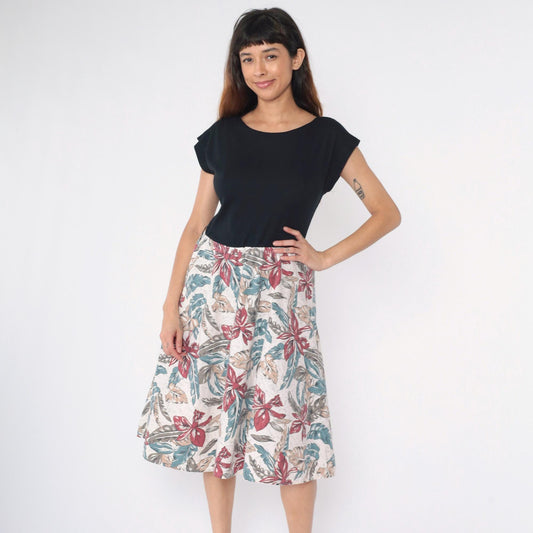 80s Tropical Floral Midi Dress Black Bodice Cap Sleeve V-Back Medium M