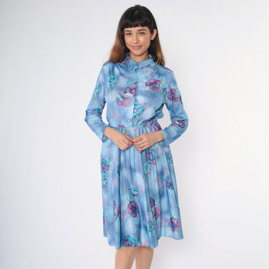 70s Sears Floral Midi Shirt Dress Blue High Waist Pleated Medium