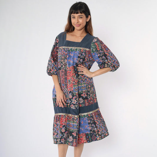 80s Patchwork Midi Dress Floral Geometric Square Neck Puff Sleeve Tiered Medium Large