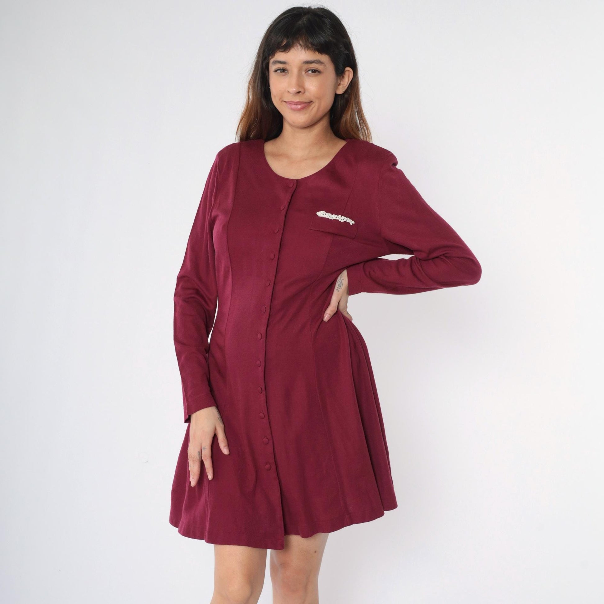 90s Burgundy Mini Shirtdress Long Sleeve Button Down Tie Back Medium M