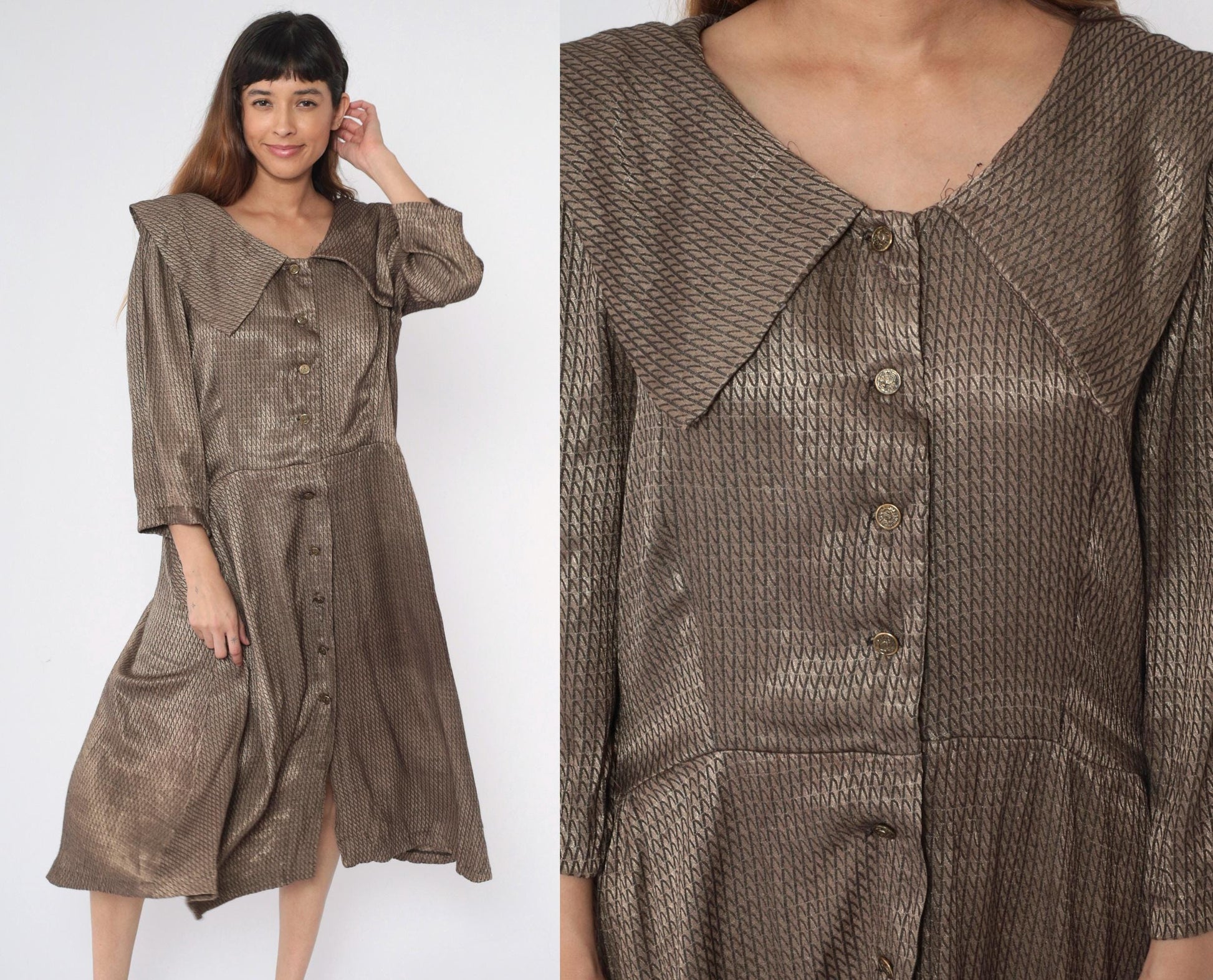 80s Gold Metallic Button-Down Midi Dress Wide Collar Long Sleeve Medium Large